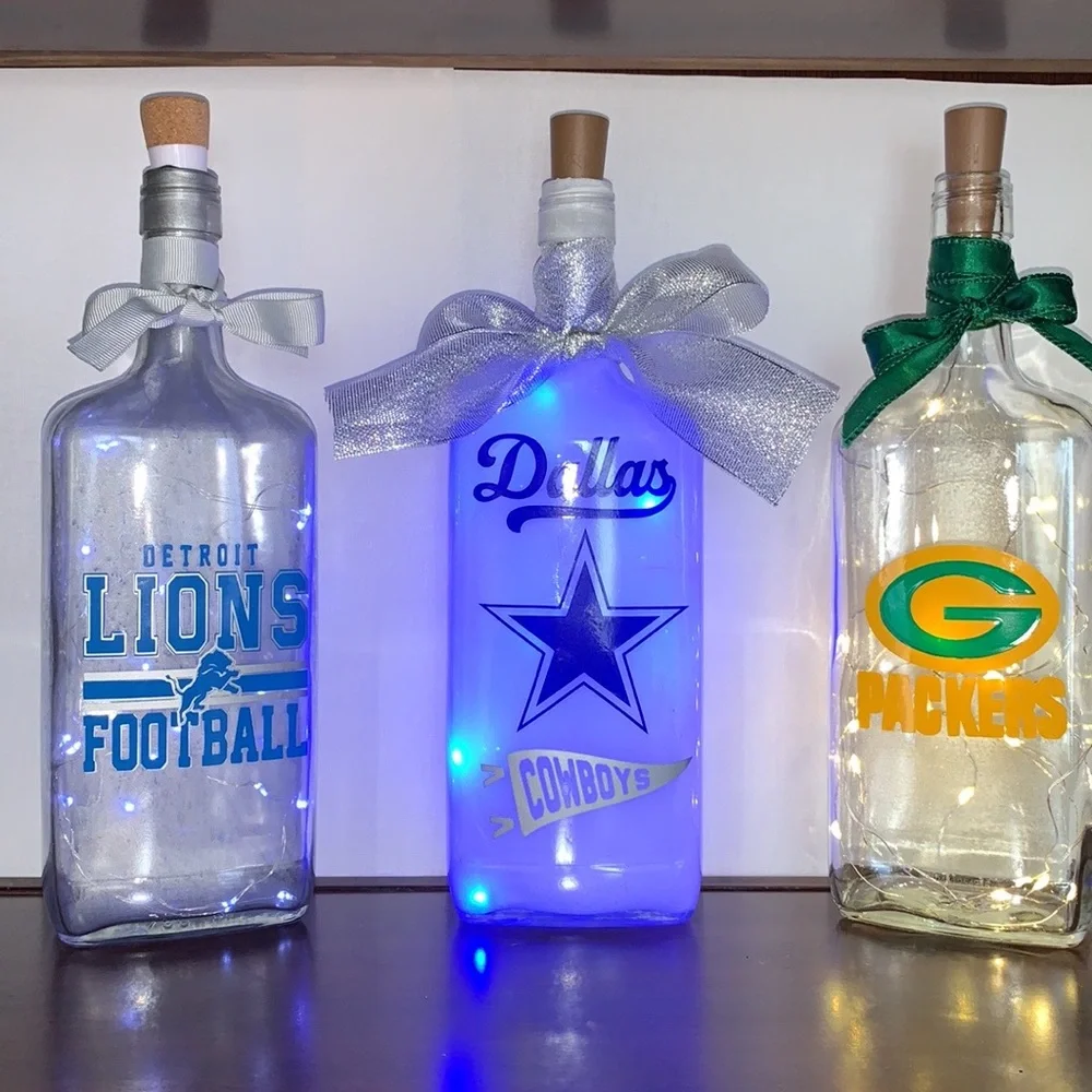 Hand Crafted, Upcycled Detroit Lions Spirit Bottle Lantern